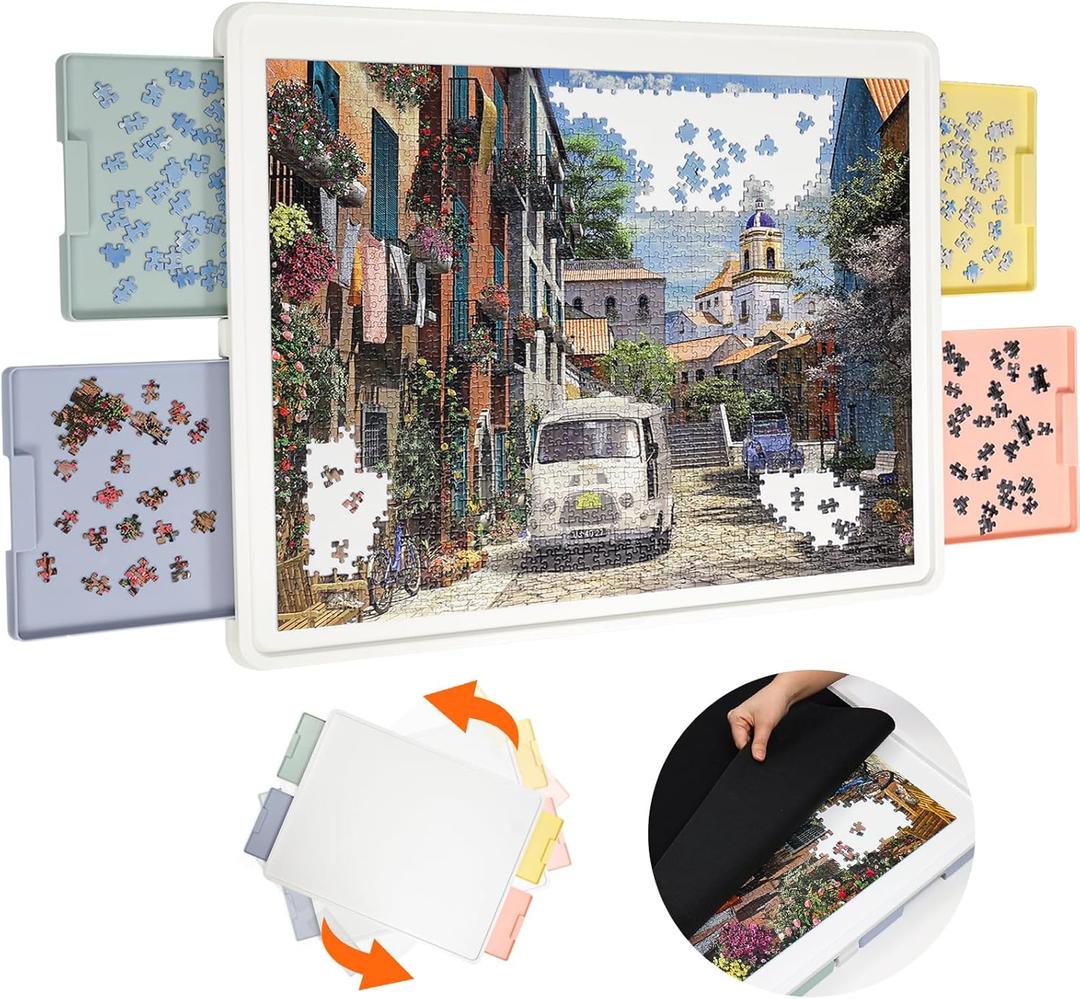 1500 Pieces Rotating Plastic Puzzle Board with Drawers and Cover, 35"x27" Portable Spinning Jigsaw Puzzle Table for Adults, Upgraded Lazy Susan, Ideal Gift for Mum (Multicolor Drawers)