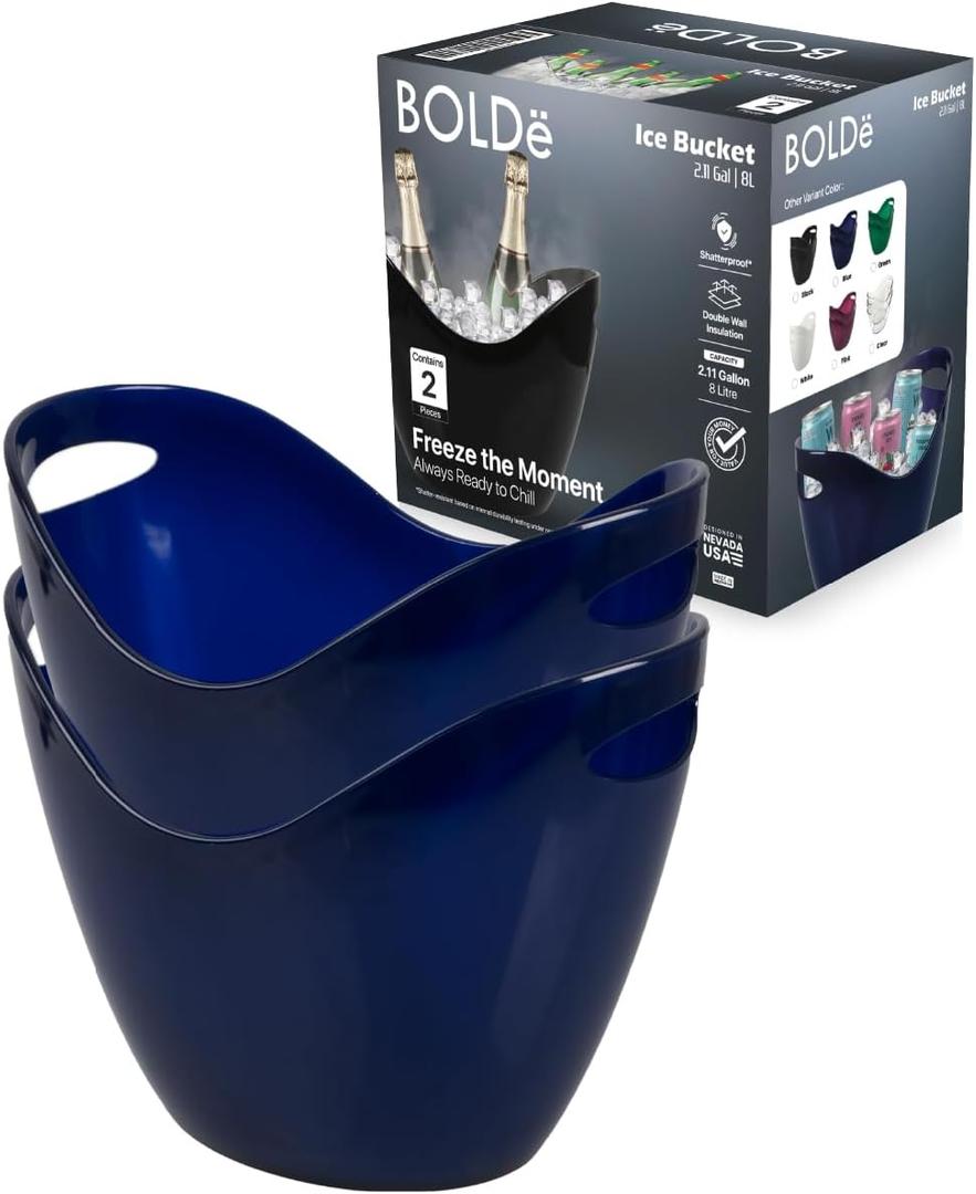 Ice Bucket, Shatterproof Double Wall Insulated, 2.11 Gallon (8L), Plastic with Handles, 2 Pack (Blue)