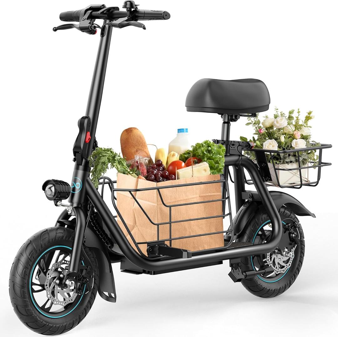 URBANMAX Electric Scooter with Seat, 550W Motor, 18.6MPH Top Speed, 20 Miles Range, Adults Electric Scooter with Large Storage Basket for Pets Dogs and Items C1S-V1 Dark Black