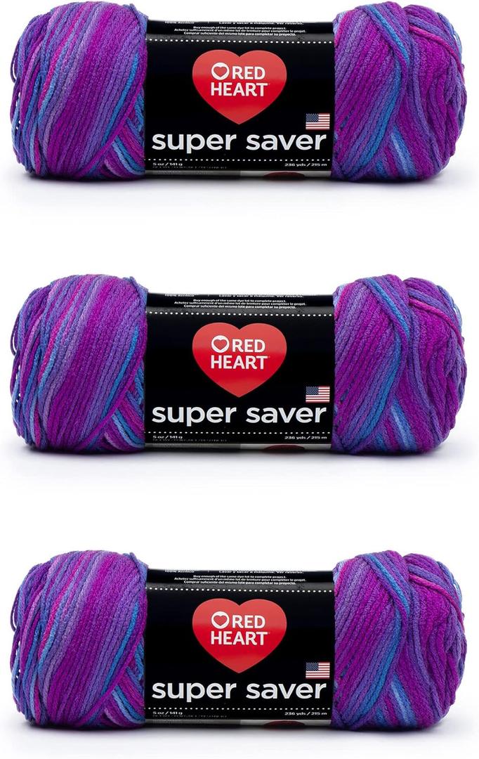 Red Heart Super Saver Yarn, 3 Pack, Grape Fizz 3 Count
