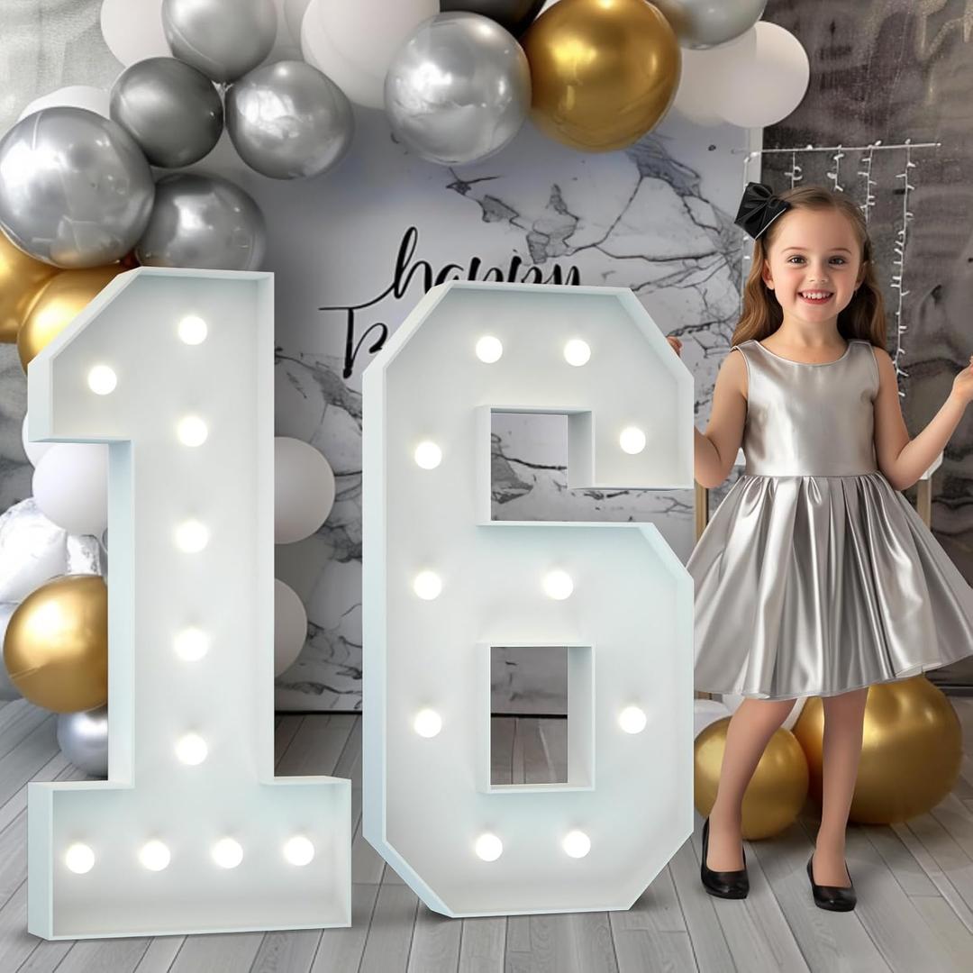 Marquee Numbers 4 Feet Tall: Large 16th Birthday Decorations for Her Him 4FT Light Up Numbers White Anniversary Party Decor Big Backdrop Foam Cardboard Number 16 Marquee Numbers 4 Feet Tall: Large 16th Birthday Decorations for Her Him 4FT Light Up Numbers White Anniversary Party Decor Big Backdrop Foam Cardboard Number 16