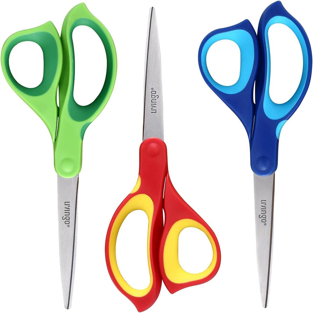 LIVINGO Left Handed Scissors All Purpose - 3 Pack 8.5 Inches Stainless Steel Sharp Adult Scissors for School Office Home Crafting Sewing Cutting Fabric Paper