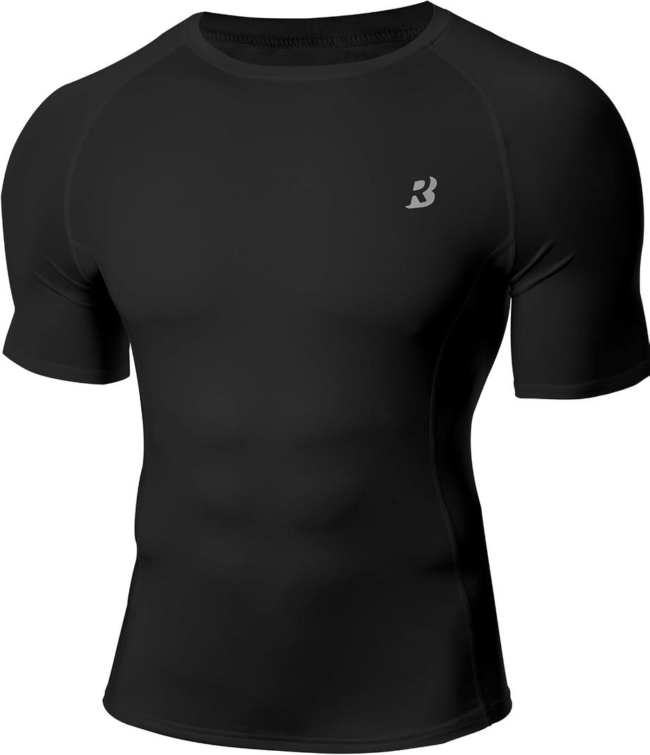 Roadbox Compression Shirt Men Short Sleeve, Cool Dry Base Layer Athletic Undershirts, Workout T-Shirt for Sports Gym Running (Black, XL)