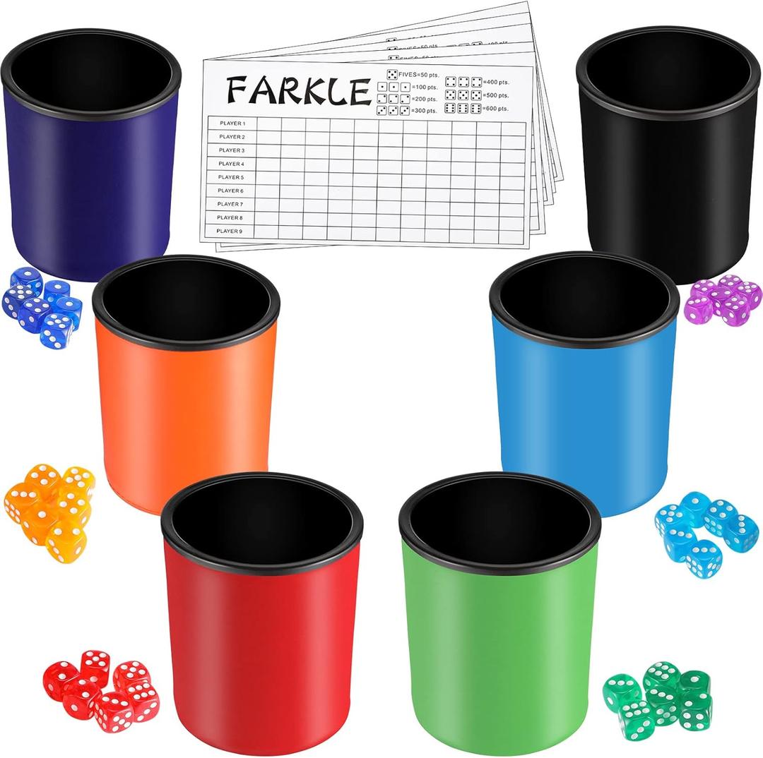 Zhanmai 6 Pcs Dice Cup for Farkle Game PU Leather Cup of Dice Dice Stacking Cup with 36 Colorful Dice 6 Farkle Scorecards Dice Set for Yahtzee Dice Games Family Party Supplies