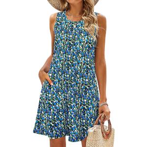 SimpleFun Summer Dresses for Women Beach Floral Tshirt Sundress Casual Pockets Boho Tank Dress (Blue, XL)
