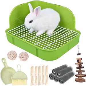 RUBYHOME Rabbit Litter Box Toilet, Plastic Square Cage Box Potty Trainer Corner Litter Bedding Box Pet Pan for Small Animals, Rabbits, Guinea Pigs, Chinchilla, Ferret, Galesaur, 11.4 Inches (Green)