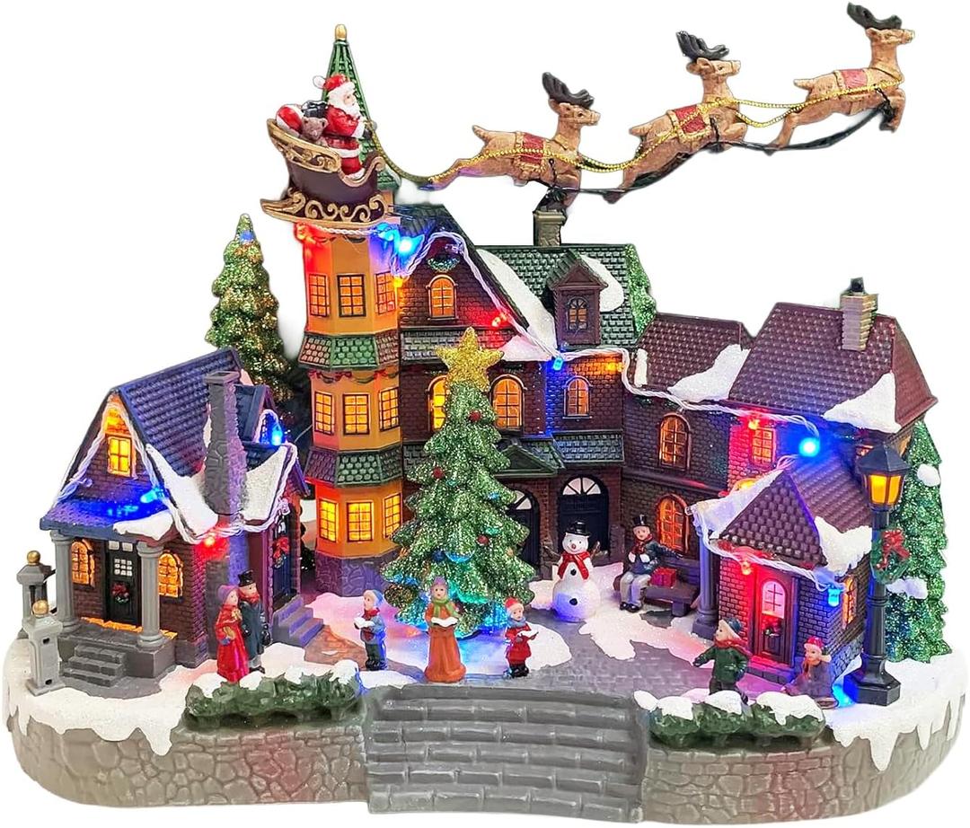 MOMENTS IN TIME Christmas Village Centerpiece Decor Santa Riding Sleigh Flying Over The Town Center Featuring LED Lights and Animation Power Adapter (Included) (11647)