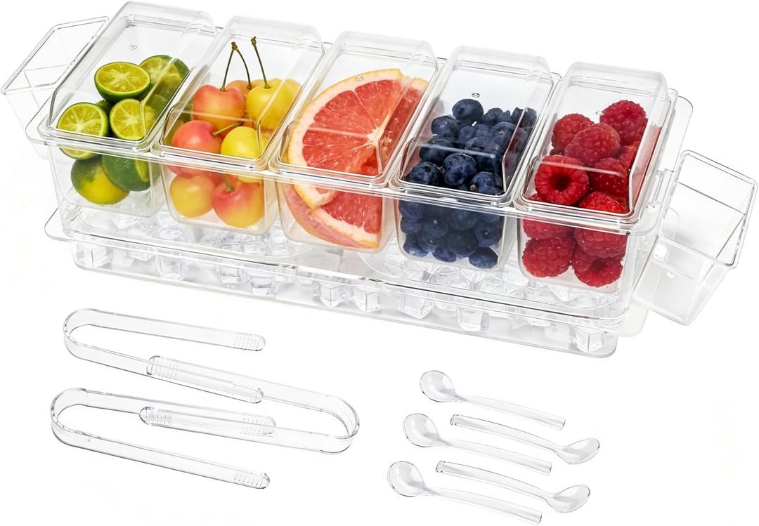 IVYHOME Chilled Condiment Server, Taco Bar Serving Set, Versatile Ice Containers, with 5 Lidded Containers and Detachable Ice Storage Layer, 2 Hanging Cups for Storing Tong and Forks