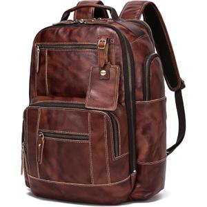 LANNSYNE Full Grain Leather Backpack For Men, Fits 16" Laptop, Coffee