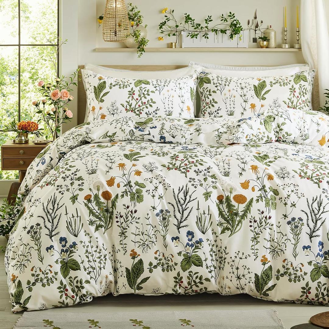 Duvet Cover Queen Size - 100% Cotton Reversible Floral Queen Duvet Cover Set with Zipper Closure, 3 Pieces Soft & Breathable Green Bedding Set for All Seasons