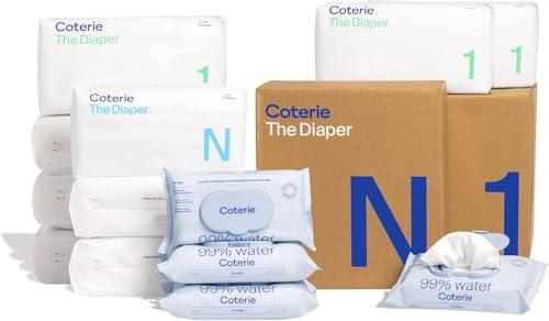 Coterie Baby Wipes + Diapers Kit, Size 1 (198 Count) & Size Newborn Diapers 2 packs + (8), 4 Pack (224) Wipes with 99% Water, Plant Based Materials, Hypoallergenic for Sensitive Skin, Baby Essentials