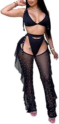 OLUOLIN Women Beading Pearl See Through Sheer Mesh 2 Pieces Outfits Jumpsuits Crop Top and Hollow Out Ruffle Long Pants M OLUOLIN Women Beading Pearl See Through Sheer Mesh 2 Pieces Outfits Jumpsuits Crop Top and Hollow Out Ruffle Long Pants M