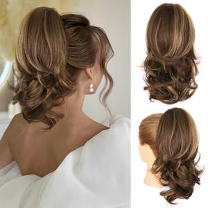 14 Inch Ponytail Extension - Clip in Ponytail Hair Extensions, Curly Wavy Pony Tails Hair Extensions, Synthetic Claw Clip Ponytail Extension for Women (Color: Chestnut Brown With Golden Highlights)