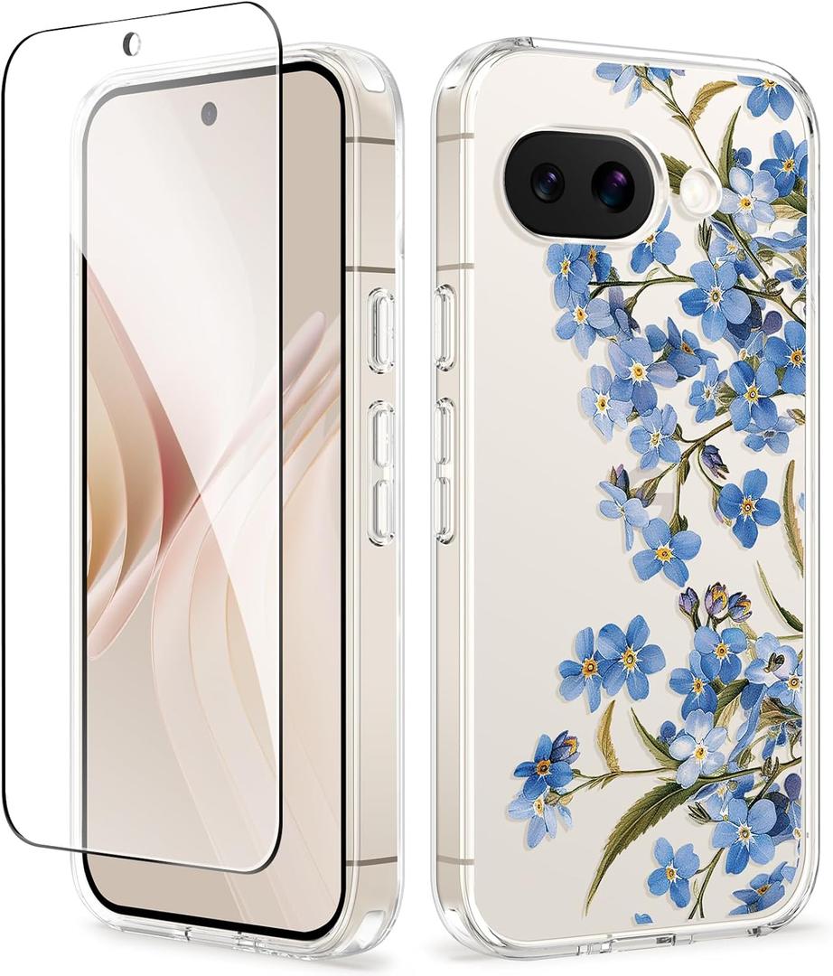 GVIEWIN for Google Pixel 9a Case, [Screen Protector] [Military Grade Protection] Clear Floral Slim Shockproof Protective Women Phone Case Cover for Pixel 9a (Aconite/Blue)