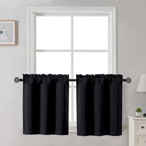 Gwine 24 Inch Long Tier Curtains for Small Window, Short Blackout Kitchen Curtains Over Sink, Half Window Drapes for Bedroom Bathroom Basement, 2 PCS, Each 30" Wx24 L, Black