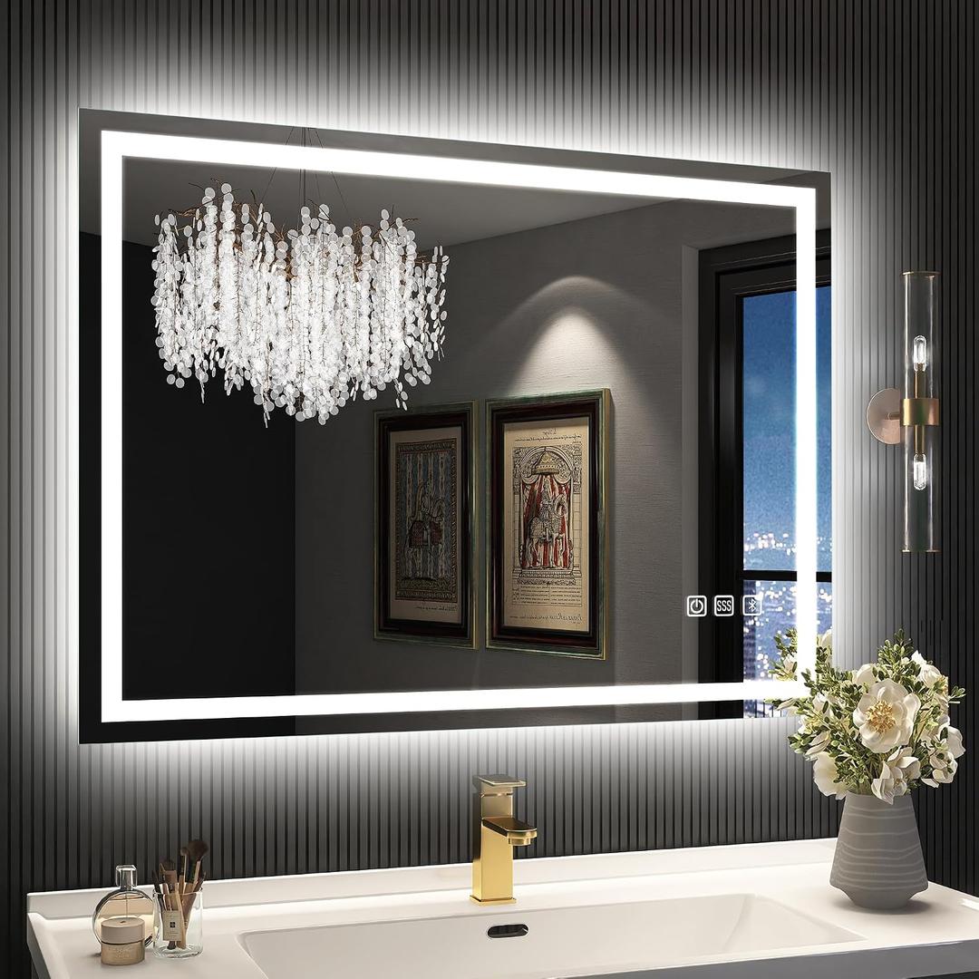 SBAGNO 28x36 LED-Bathroom-Mirror-with-Bluetooth, Dimmable-Lighted-Bathroom-Vanity-Mirror-with-3-ColorsBacklit + Front Lit, Memory Function, Anti-Fog, Tempered Glass, Horizontal/Vertical