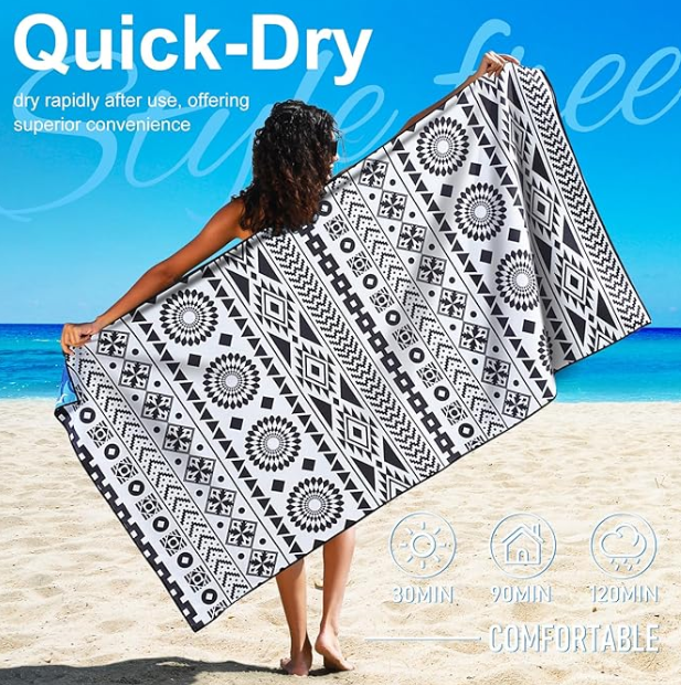 Microfiber Lightweight Thin Overysized Beach Towel Compact Sandproof Clearance Towels Quick Dry Sand Free Swim Pool Camping Blanket Travel Essentials Accessories Women Men Adults Black Bohemia (72.00" x 36.00")