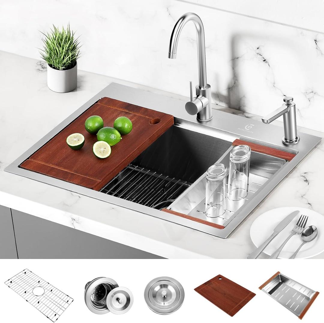 30 Inch Stainless Steel Kitchen Sink 16 Gauge Drop In Single Bowl Workstation Sink 2-Hole Top Mount Kitchen Basin with 5 Accessories (Brushed Nickel)