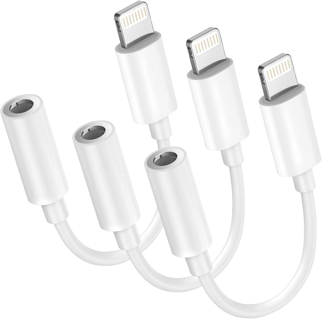 Apple MFi Certified 3-Pack Lightning to 3.5mm Headphone Jack Adapter with DAC, Headphone/Earphone Hi-Fi Audio Dongle & Car Aux Cable for iPhone 14/13/12/11/XR/X/8/7, Car, Gym, Travel, Office Use-White