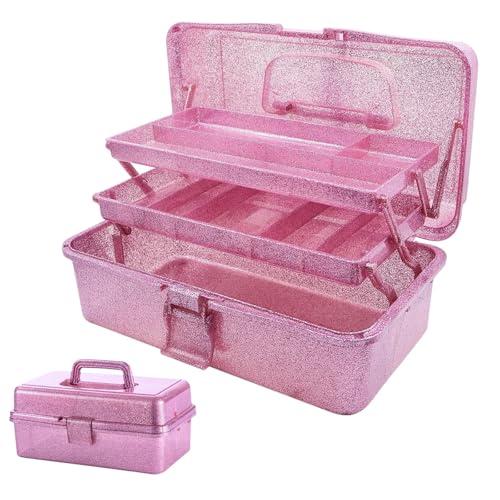 Saim Storage Bins,Three-Layer Multipurpose Art & Craft Storage Container,Carry Tackle Organizer,Medicine Cosmetic Art Supply Box for Art Supply Makeup Hair Accessories Painting Tools - Pink