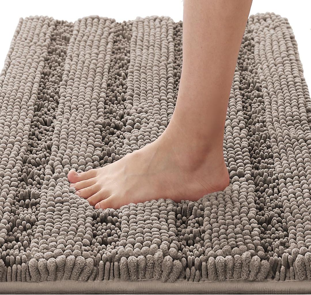 H.VERSAILTEX Bath Rugs for Bathroom Non Slip Bath Mats Extra Thick Chenille Striped Rug 20" x 32" Absorbent Non Skid Fluffy Soft Shaggy Washable Dry Fast Plush Mat for Indoor, Bath Room, Tub - Taupe