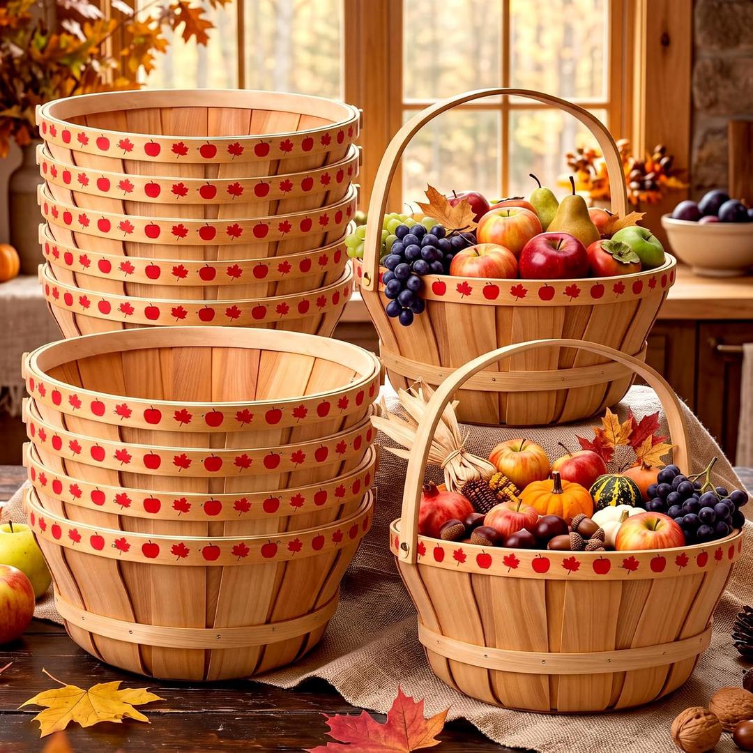 9 Pack Apple Bushel Baskets 12"x5.2" Round Wooden Produce Baskets Bulk