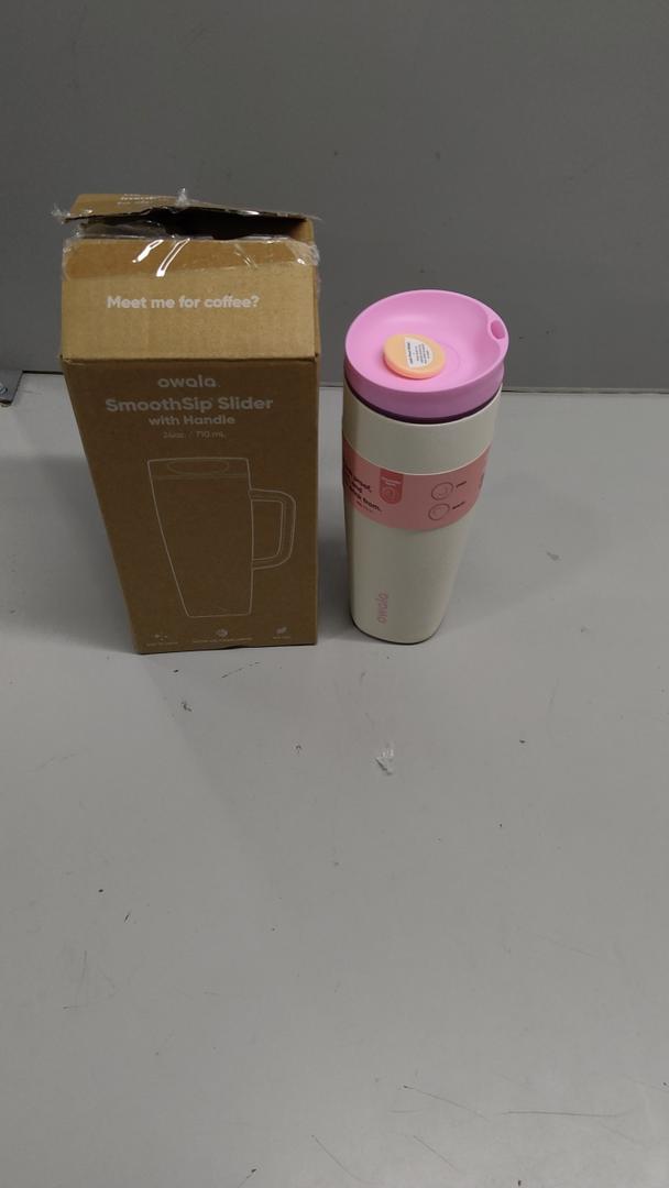Owala SmoothSip Slider Stainless Steel Insulated Travel Mug, 100% Leak Proof, For Hot and Cold Drinks, Travel Friendly with Sliding Lock Lid, 24 oz, BPA Free, Leak Proof, Pink/Tan (Daybreak)