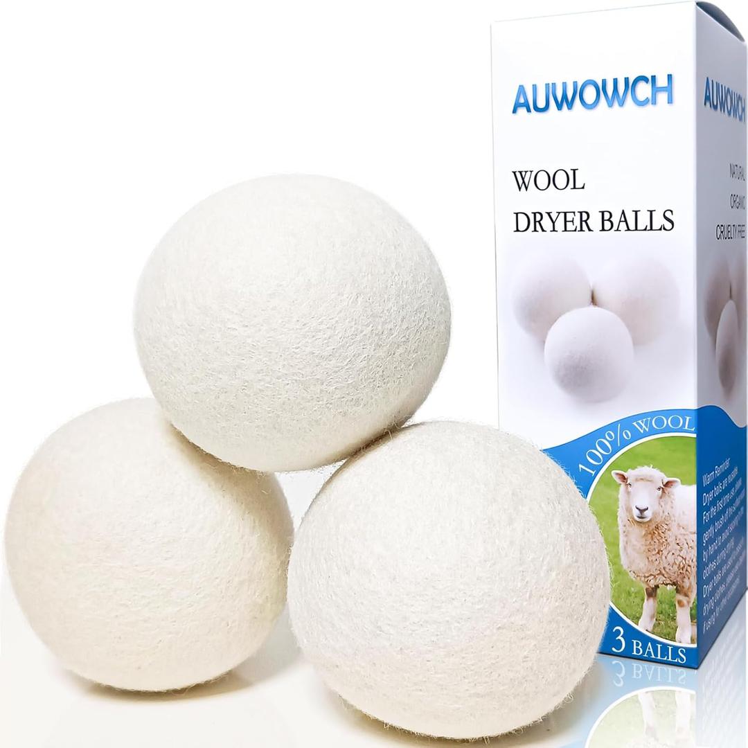 Wool Dryer Balls, 3 Count XL Dryer Lint Balls, Reusable Premium Natural Fabric Softener, Efficiently Add Essential Oils Instead of Dryer Sheets, Laundry Room Organization Essentials (Extra Large)