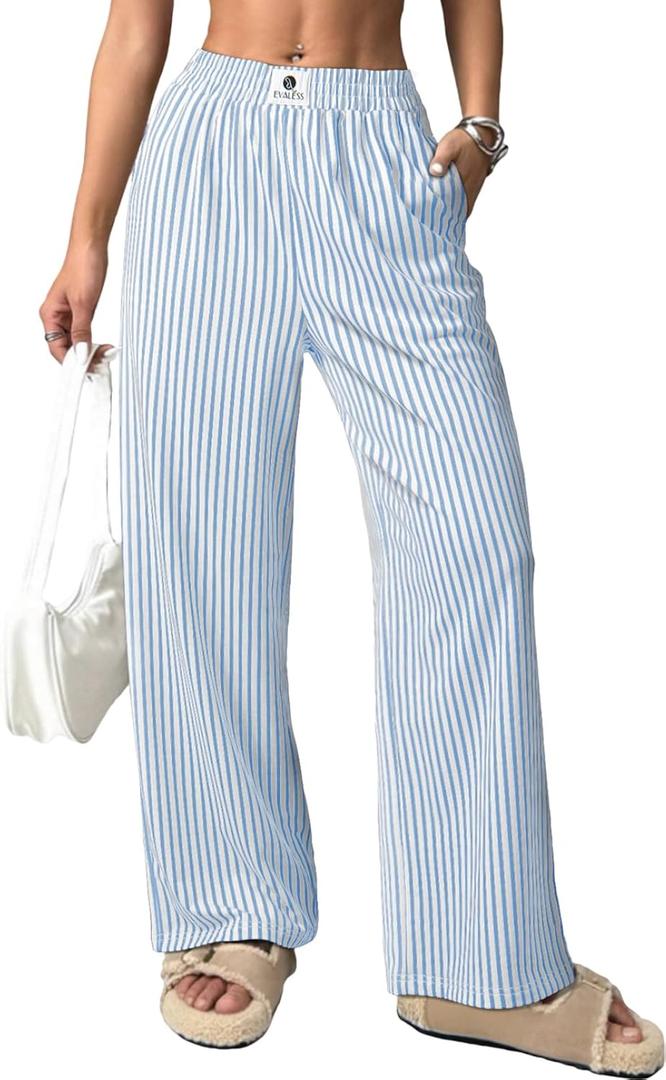 EVALESS Women's Striped Pants Spring Summer 2026 Comfy Pajama Pants High Waist Wide Leg Lounge Pants Lightweight PJ Bottoms, M