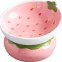 Ceramic Raised Cat Bowl - Pink Elevated Food Bowl for Indoor Cats, Anti-Vomiting & Spine Protection, Cute Tilted Dish for Flat-Faced Cats and Kittens (Strawberry Shaped)