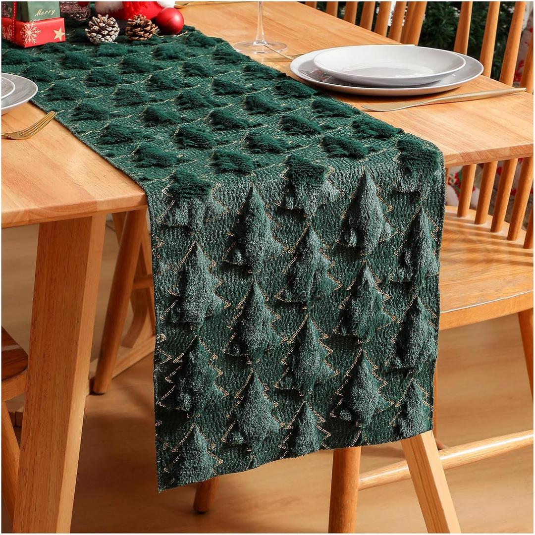 2 x Christmas Tree Soft Plush Faux Fur Christmas Table Runner Winter Holiday Kitchen Dining Table Decoration for Home Party Decor (Green, 13X72 Inch)