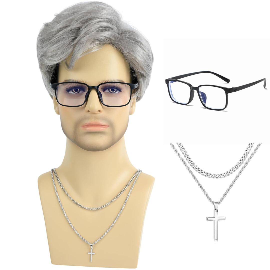 Men's Short Wig with Blue Light Glasses & Cross Necklace  Realistic Synthetic Hair with Natural Look Hairstyle for Daily Wear, Cosplay & Costume (Gray)