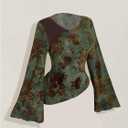 WDIRARA Women's Plus Size Floral Long Bell Sleeve Tee Shirts Asymmetrical Vintage Tops (XL)