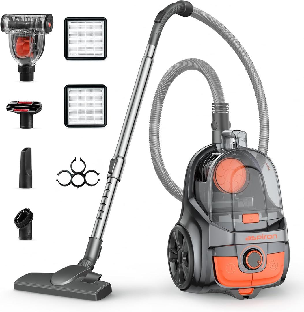 Aspiron Canister Vacuum, Upgraded 1600W Bagless Canister Vacuum Cleaner, Auto Cord Rewind, H13 HEPA Filter, 4Qt Large Capacity, 5 Tools for Hard Floors, Carpet, Pet, Upholstery, Tiles, Coral