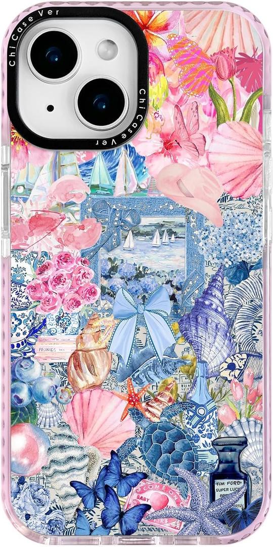 for iPhone 13 mini Case, Vintage Coastal Collage with Floral Turtle Shells Pattern, Military-Grade Drop Protection, Seaside TPU Protective Cover with Camera Protection for Women Girls (PlumeriaTahiti)