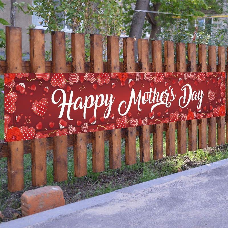 Happy Mother's Day Banner Decorations,Mother's Day Polyester Hanging Banner Party Decoration Supplies,120x20 Inch Mothers Day Yard Sign Holiday Hanging Outdoor Decor Red Buffalo Plaid Love Heart Party Supplies for Indoor Outdoor Garden Fence Balcony Lawn Home Decor