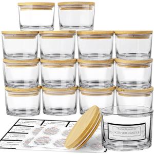 CONNOO 15 Pack 4 OZ Clear Glass Candle Jars with Airtight Bamboo Lids for Making Candles, Bulk Small Wide Mouth Empty Candle Containers with Sticky Warning Labels - Dishwasher Safe