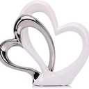 LCCCK Dubble Heart Statue Sculpture - Ceramic Heart Figurines Porcelain, Modern Love Statues Couple Romantic Bedroom Table Mantel Decor - Wedding Valentine Day Ornament (White and Silver)