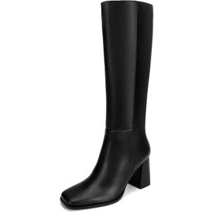 Knee High Boots for Women Faux Leather Square Toe Chunky Block Boots Long Tall Boots with Side Zip (8, Black)