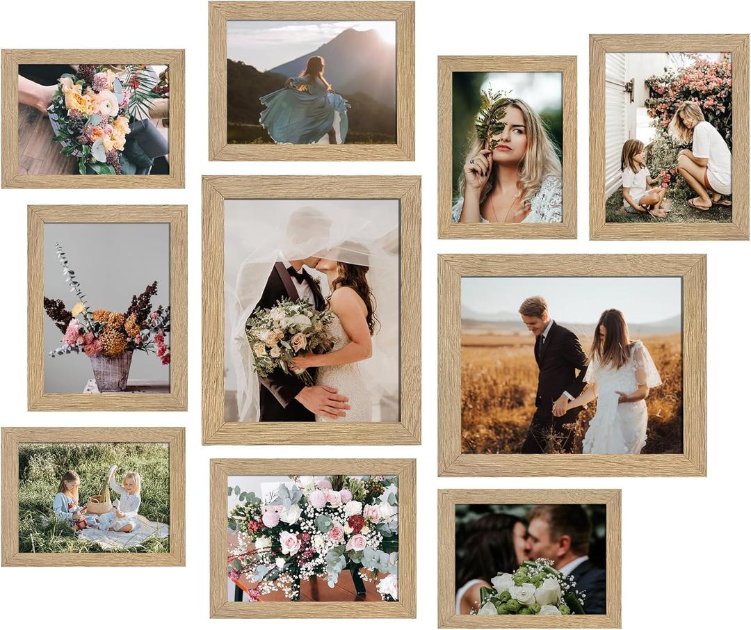 LUCKYLIFE Picture Frame Set 10-Pack, Gallery Wall Frame Collage with 8x10 5x7 4x6 Frames in Natural Woodgrain Finishes