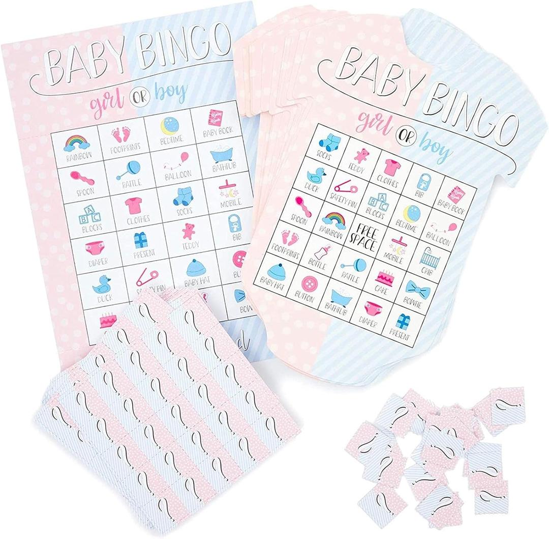 BLUE PANDA Bingo Game Set - 38-Piece Set, Multicolor - Party Game & Supply for Gender Party - 36 Unique Cards & Shaped Caller Tokens