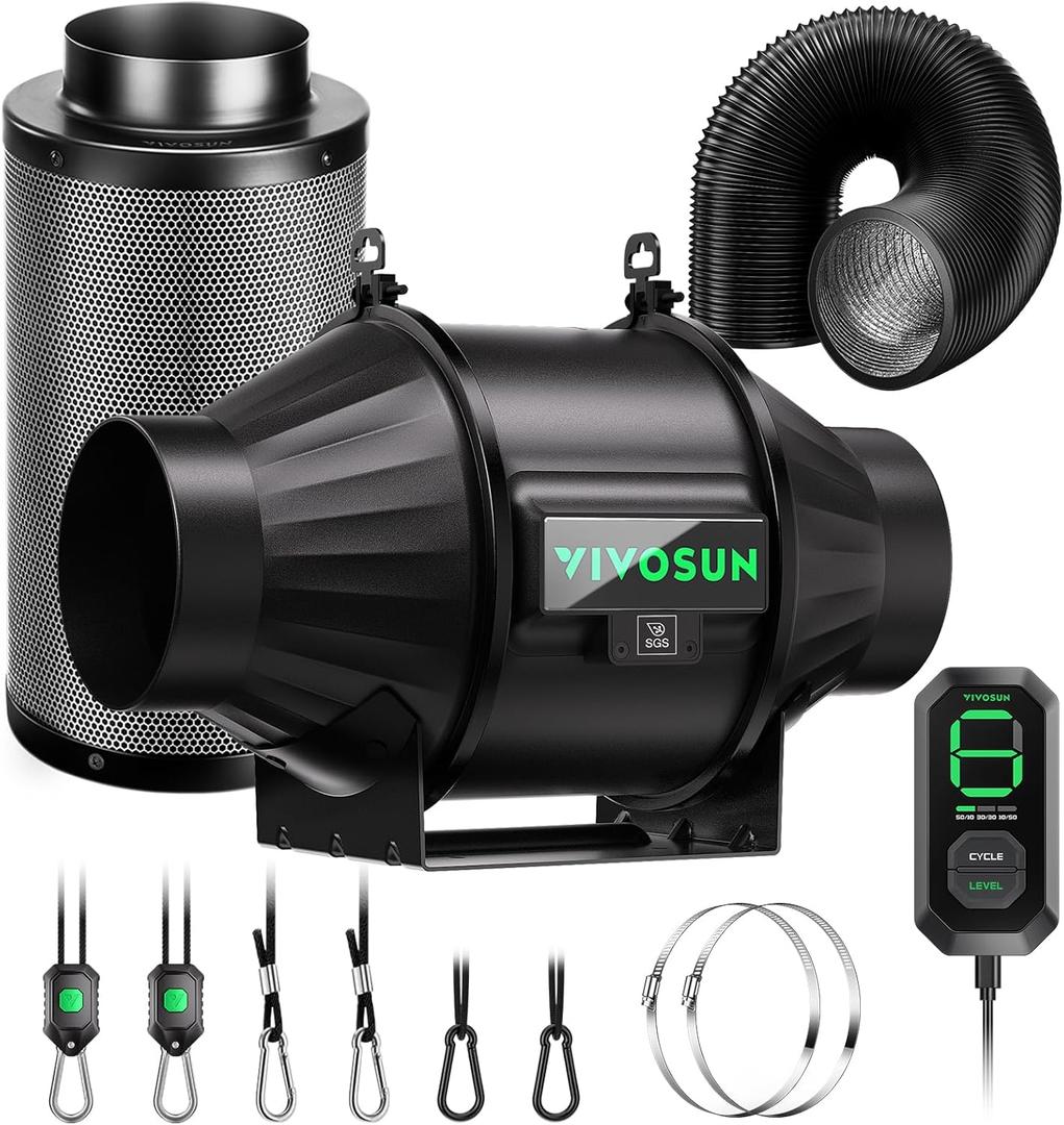 VIVOSUN Smart Air Filtration T4 Kit 4", AeroZesh T4 Inline Duct Fan with E12 Speed Controller, Carbon Filter & 8' Ducting, Cooling & Ventilation System for Grow Tents, Indoor Gardening, Hydroponics (Black)