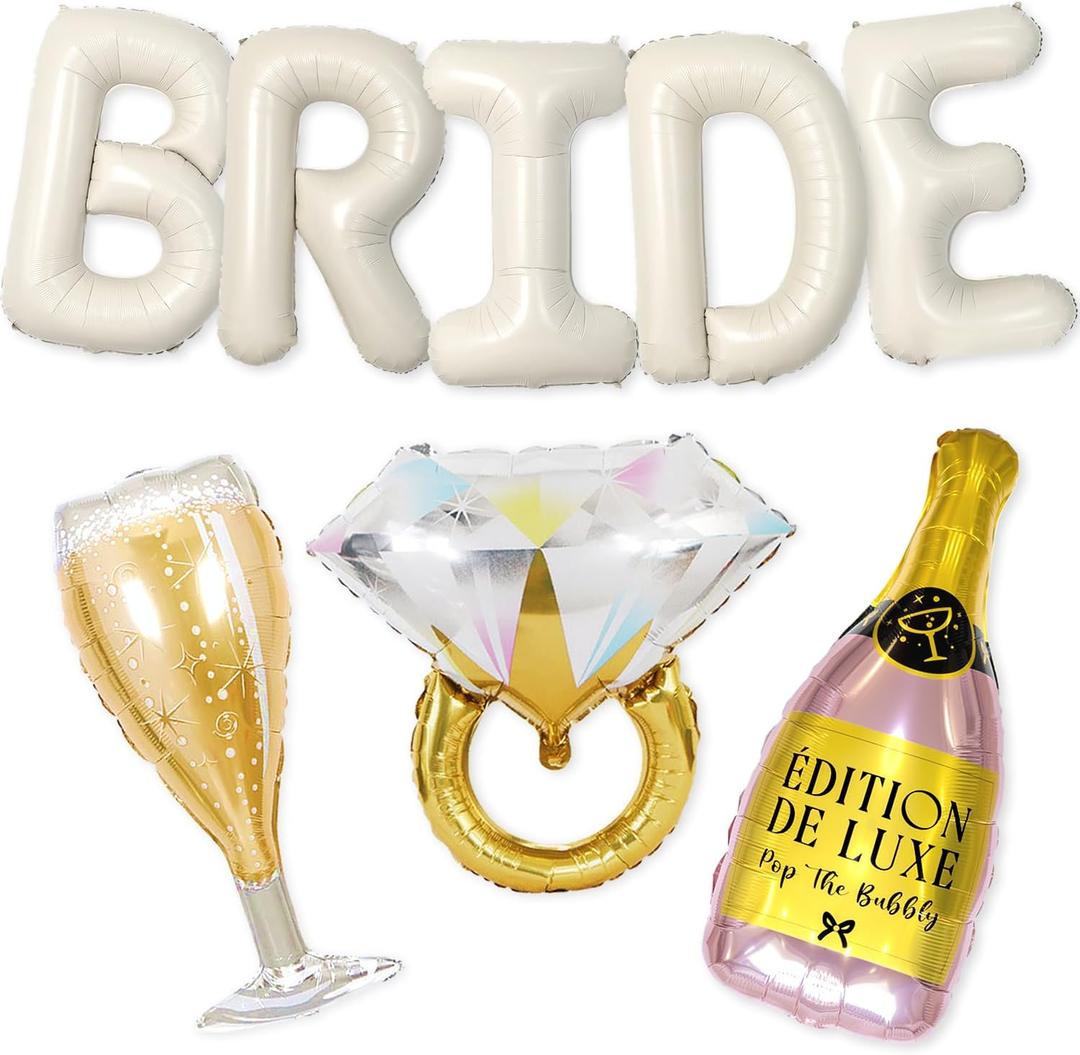 40 inch Bride Balloons Cream Letters Banner - Bachelorette Party Decorations Kit - Bach Party Supplies and Favors with Gold Ring, Bottle and Glass Balloon