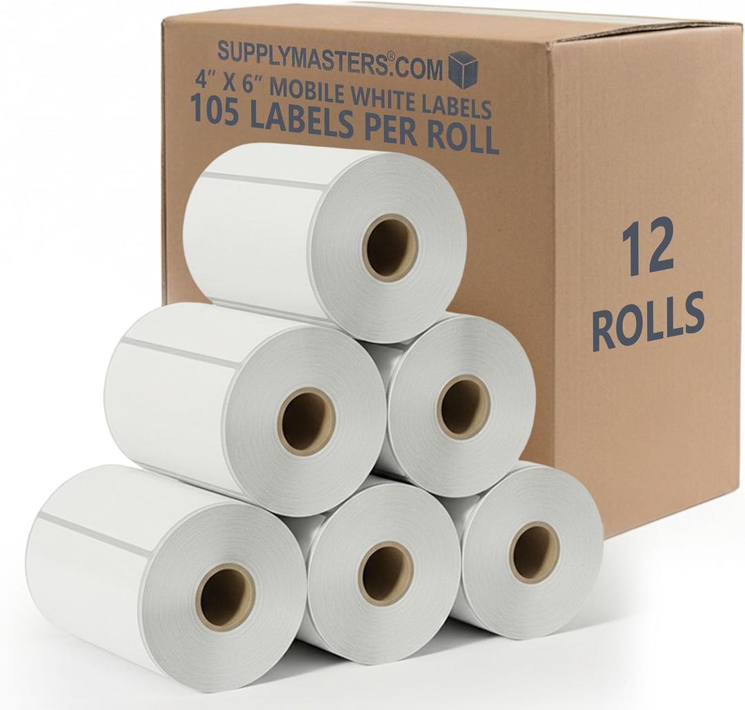 Mobile Printer Labels 4x6 - Printable Thermal Shipping Address Labels Compatible with Zebra Printers - Thermal Label Printer Paper 0.75-inch core with 105 Labels per Roll (12 Rolls)