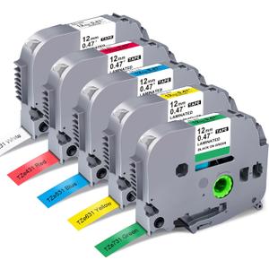 5-Pack Label Maker Tape Replace for Brother TZe TZ Tape 12mm 0.47 Laminated Colored White/Red/Blue/Yellow/Green Compatibel with Brother P Touch Label Maker PTH110 PTD220 PTD210 PT-D410