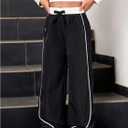 Verdusa Girl's Striped Pants Drawstring High Waisted Straight Leg Loose Trousers (Black)