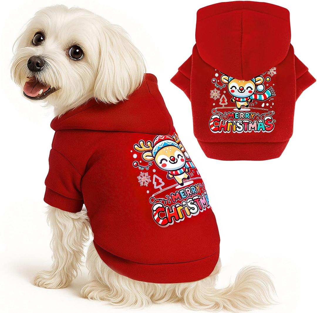 Small Dog Hoodie Clothes Red Christmas Dog Outfit Warm Fleece Dogs Sweater for Small Dogs Cat Boy Girl Cute Puppy Sweatshirt with Leash Hole Xmas Doggy Costume Chihuahua Yorkie(Xmas Deer, M)