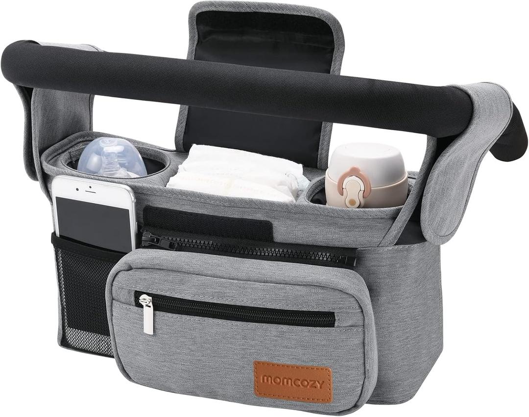 Momcozy Universal Stroller Organizer with Insulated Cup Holder Detachable Phone Bag & Shoulder Strap, Fits for Stroller Like Uppababy, Baby Jogger, Britax, BOB, Umbrella and Pet Stroller (Grey)