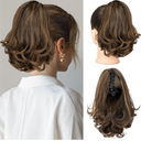 KooKaStyle Ponytail Extension, 2" Short Claw Clip in Pony Tails Hair Extensions Curly Wavy Synthetic Drawstring Hairpieces for Women Fake Ponytail(Dark Brown with Golden Auburn)