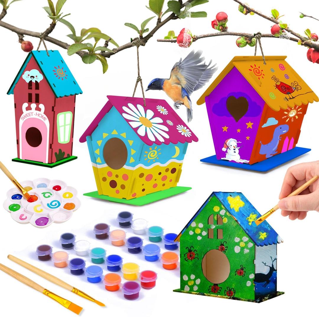 Hapray 4 Pack Bird House Crafts for Kids Ages 5-8 8-12, Buildable DIY Birdhouse Kit for Children to Build, Summer Arts and Craft Projects with Paint, 3+ Boy Girl Gift for Halloween Christmas